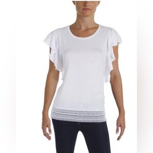 Lauren Ralph Lauren Flutter Sleeve Tee M White Lace Crotchet Short Sleeve Women